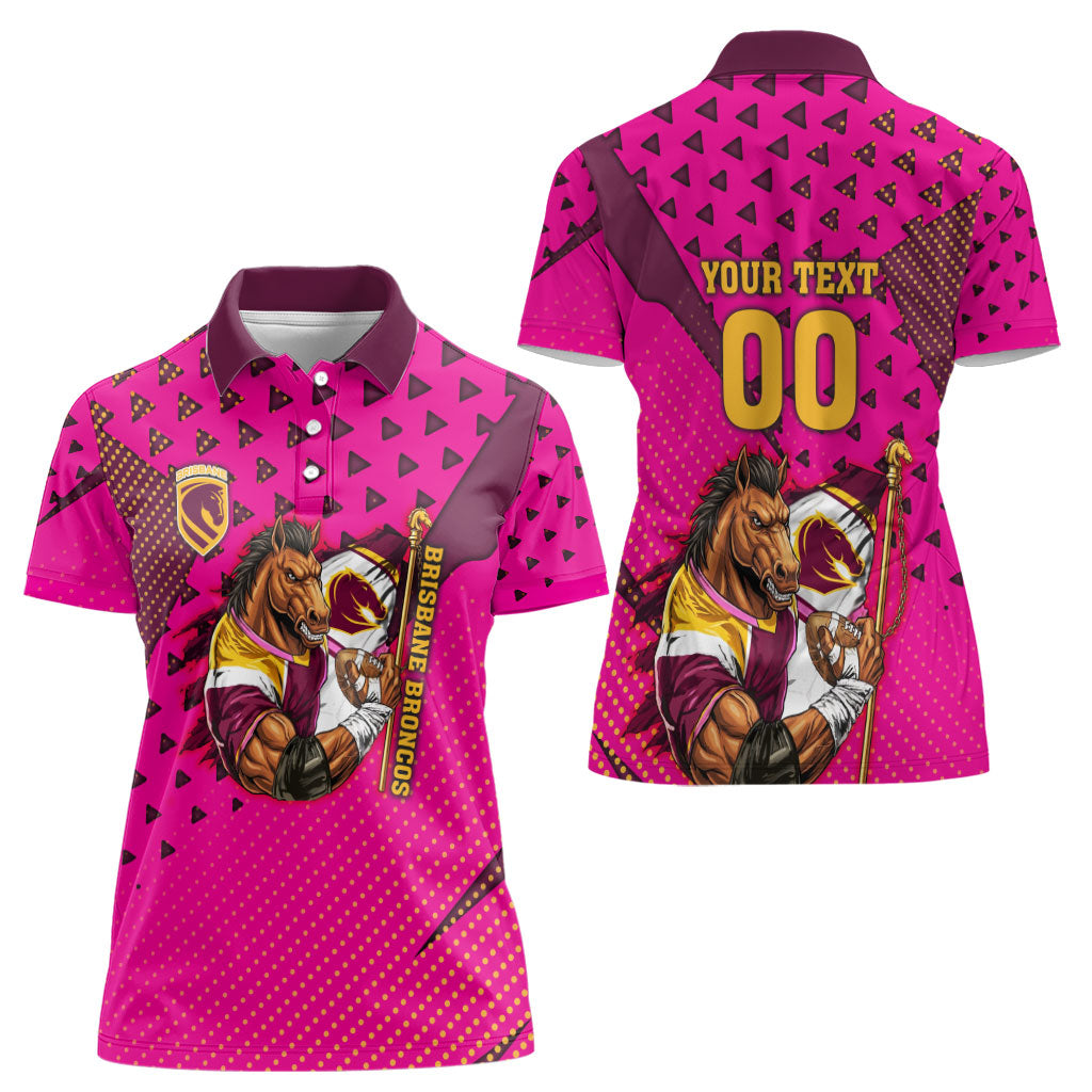 Custom Rugby Broncos Women Polo Shirt Muscular Horse Mascot With Flag In Pink