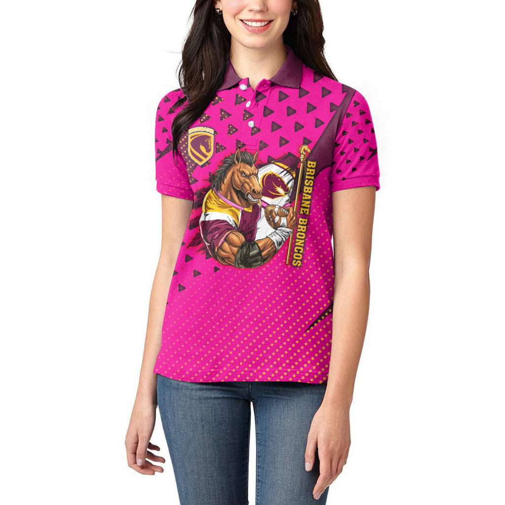 Custom Rugby Broncos Women Polo Shirt Muscular Horse Mascot With Flag In Pink