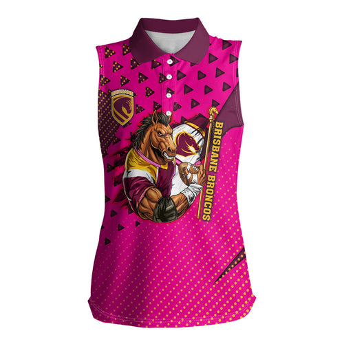Custom Rugby Broncos Women Sleeveless Polo Shirt Muscular Horse Mascot With Flag In Pink