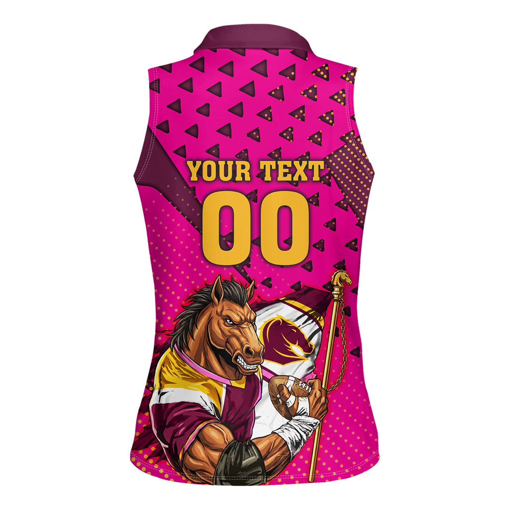 Custom Rugby Broncos Women Sleeveless Polo Shirt Muscular Horse Mascot With Flag In Pink