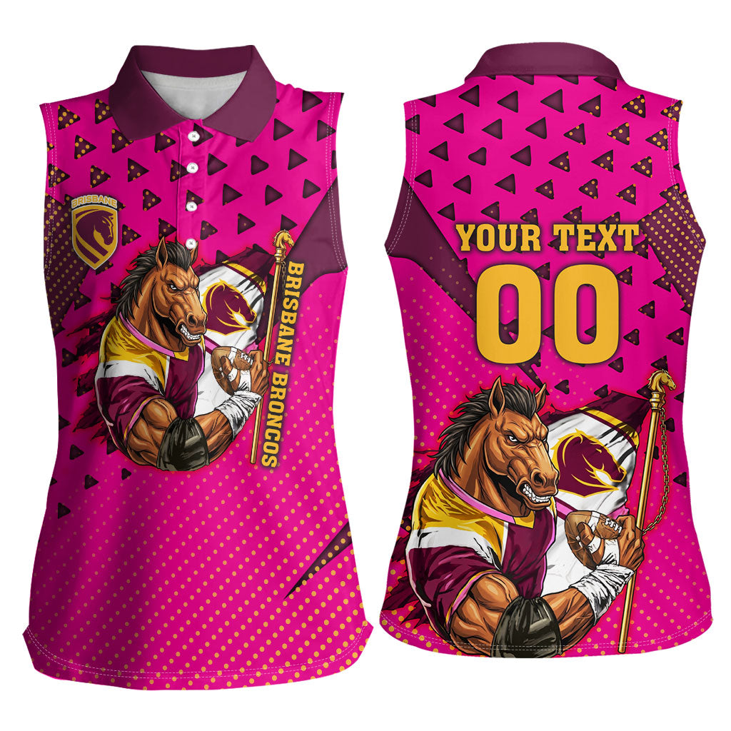 Custom Rugby Broncos Women Sleeveless Polo Shirt Muscular Horse Mascot With Flag In Pink