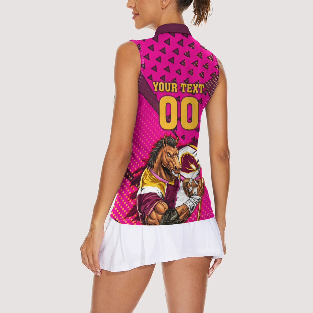 Custom Rugby Broncos Women Sleeveless Polo Shirt Muscular Horse Mascot With Flag In Pink
