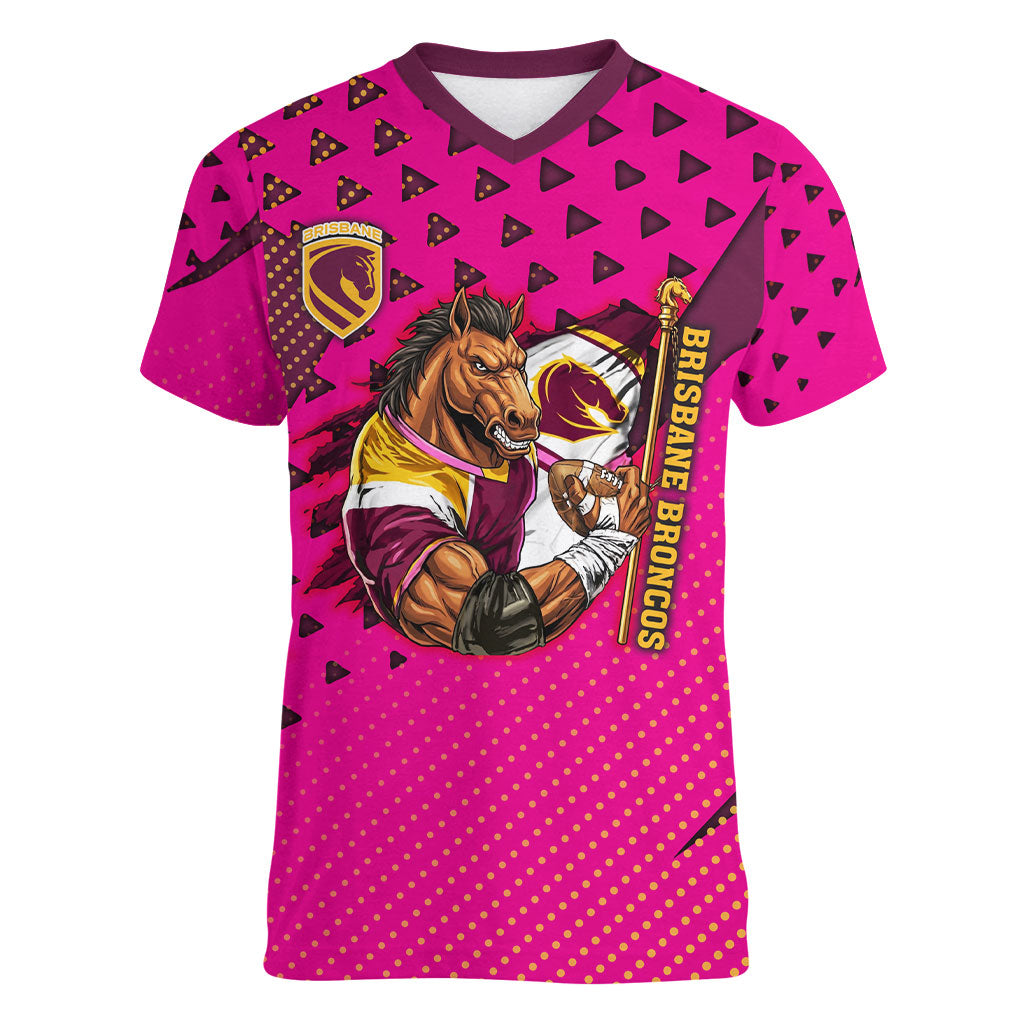 Custom Rugby Broncos Women V-Neck T-Shirt Muscular Horse Mascot With Flag In Pink