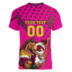 Custom Rugby Broncos Women V-Neck T-Shirt Muscular Horse Mascot With Flag In Pink