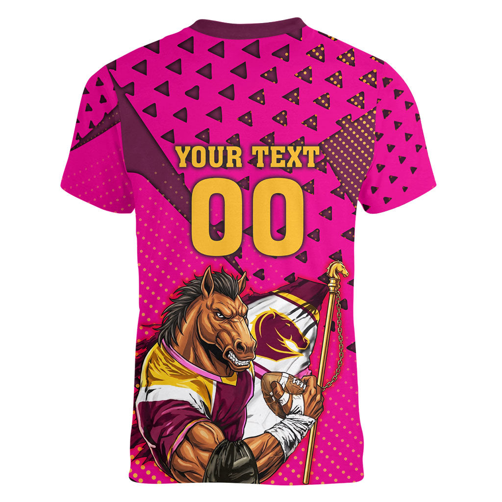 Custom Rugby Broncos Women V-Neck T-Shirt Muscular Horse Mascot With Flag In Pink