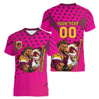 Custom Rugby Broncos Women V-Neck T-Shirt Muscular Horse Mascot With Flag In Pink