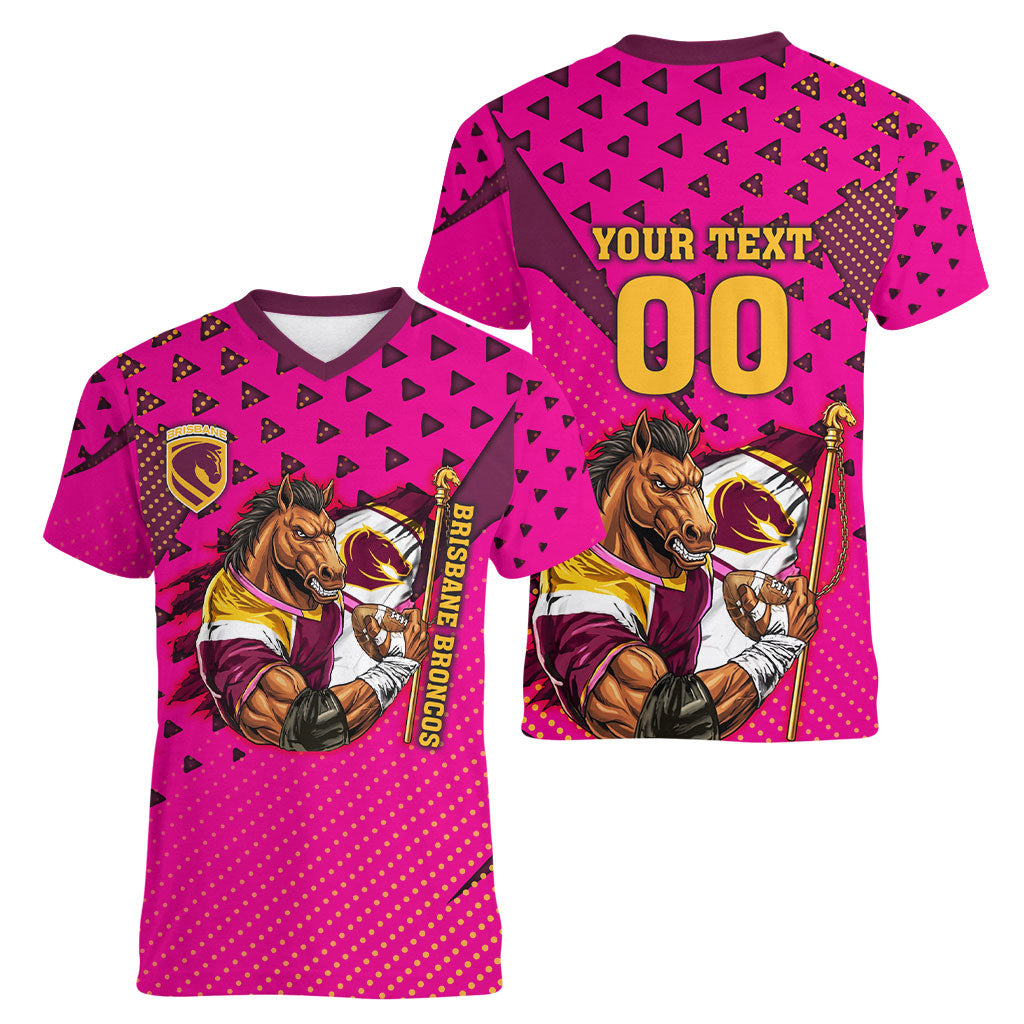Custom Rugby Broncos Women V-Neck T-Shirt Muscular Horse Mascot With Flag In Pink