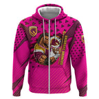 Custom Rugby Broncos Zip Hoodie Muscular Horse Mascot With Flag In Pink
