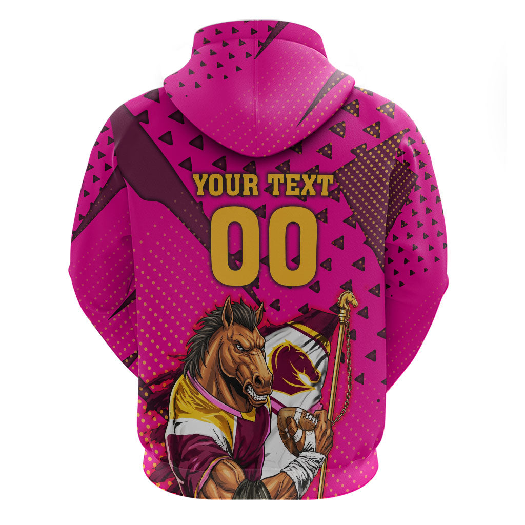 Custom Rugby Broncos Zip Hoodie Muscular Horse Mascot With Flag In Pink
