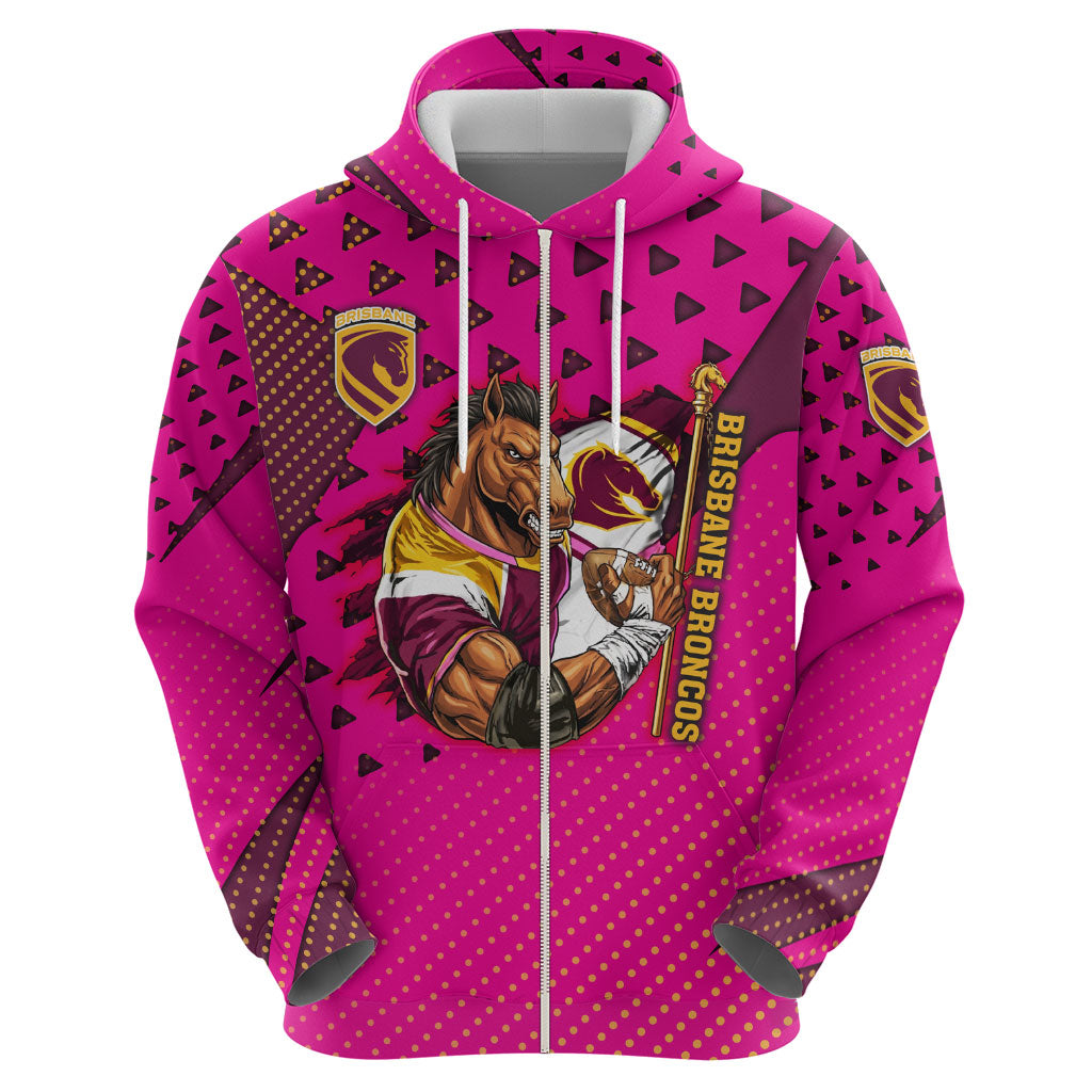 Custom Rugby Broncos Zip Hoodie Muscular Horse Mascot With Flag In Pink