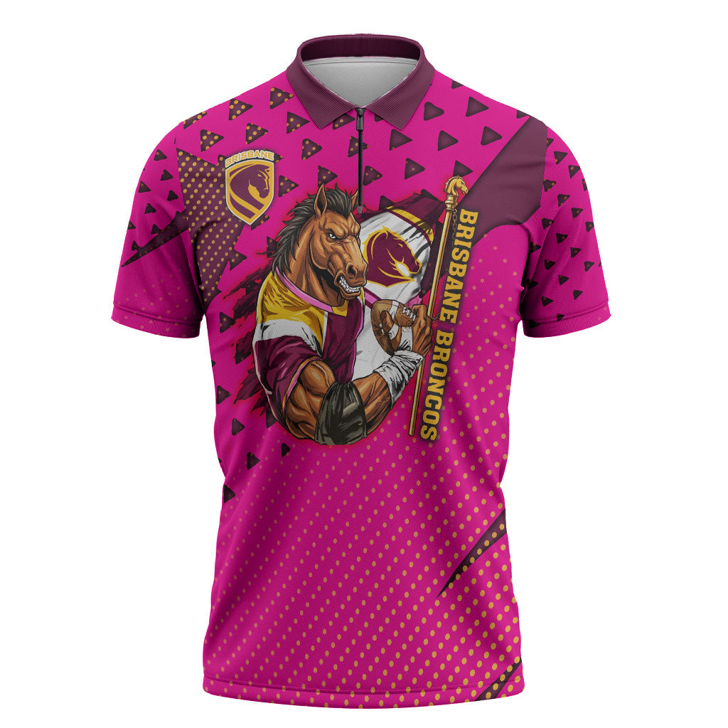 Custom Rugby Broncos Zipper Polo Shirt Muscular Horse Mascot With Flag In Pink