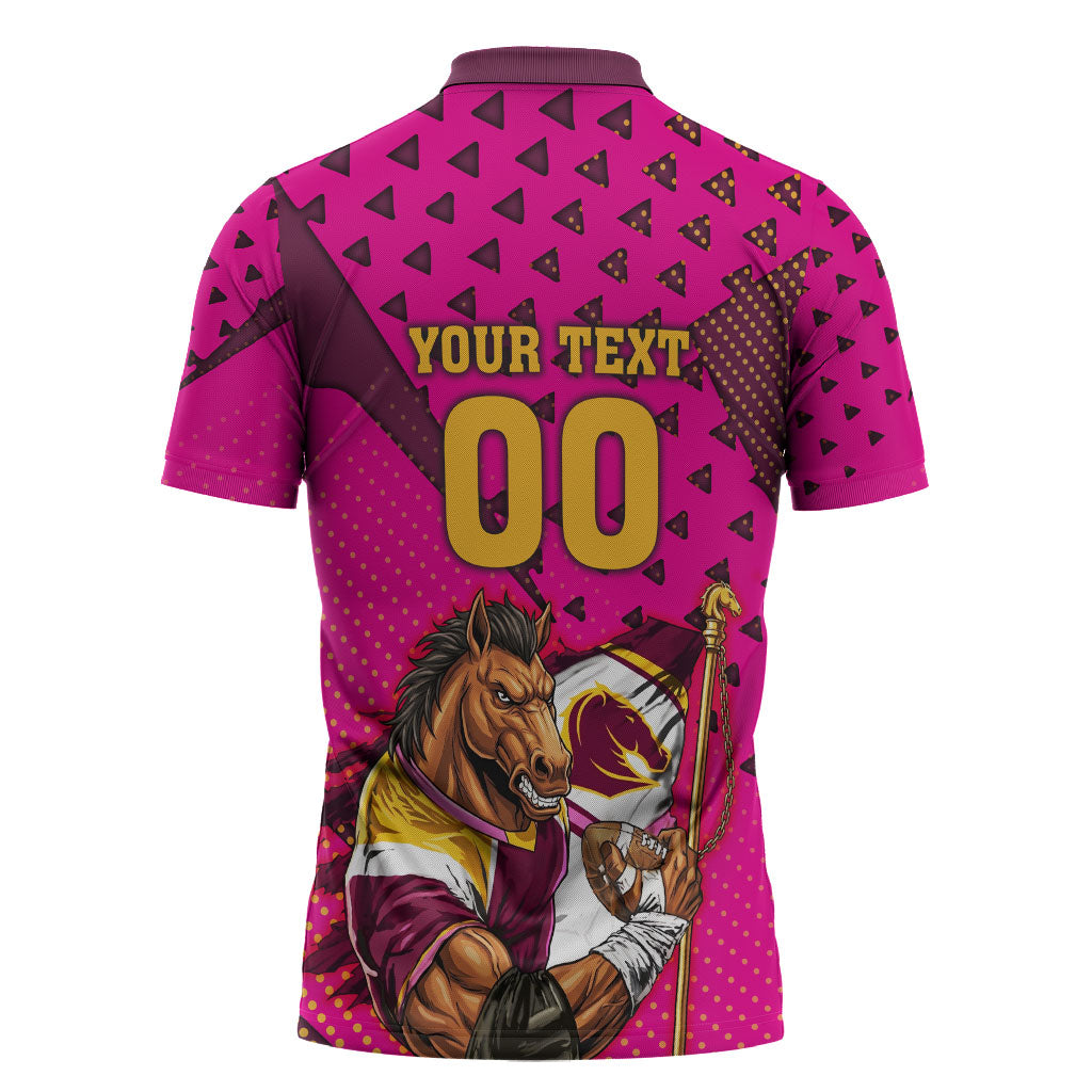 Custom Rugby Broncos Zipper Polo Shirt Muscular Horse Mascot With Flag In Pink
