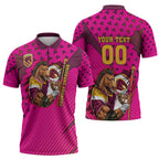 Custom Rugby Broncos Zipper Polo Shirt Muscular Horse Mascot With Flag In Pink