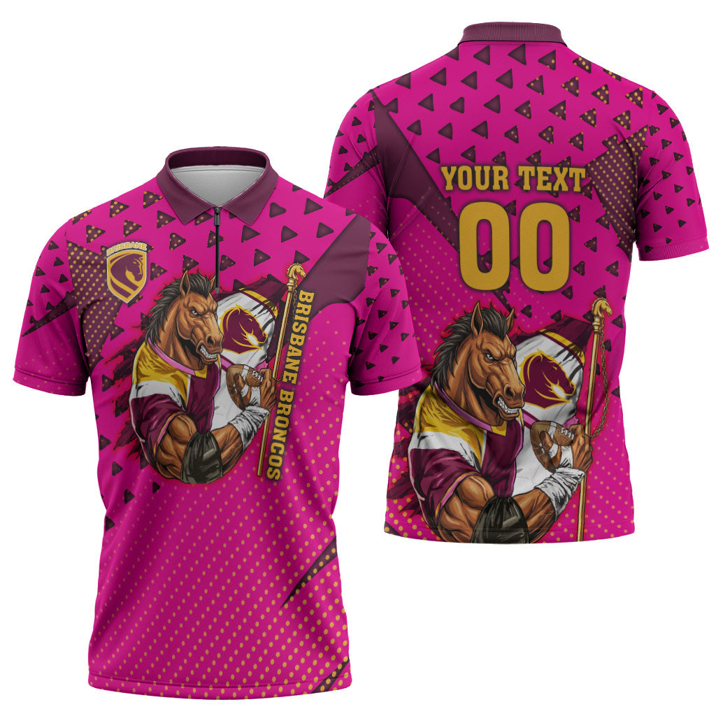 Custom Rugby Broncos Zipper Polo Shirt Muscular Horse Mascot With Flag In Pink