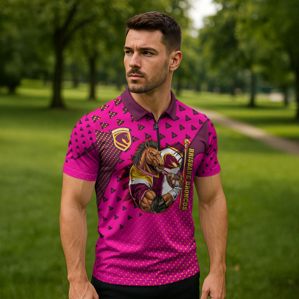 Custom Rugby Broncos Zipper Polo Shirt Muscular Horse Mascot With Flag In Pink