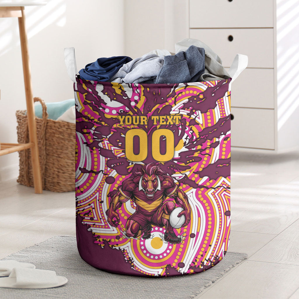 Personalised Brisbane Broncos Rugby Laundry Basket Aboriginal Art Style Pink And Gold Patterned Graphics