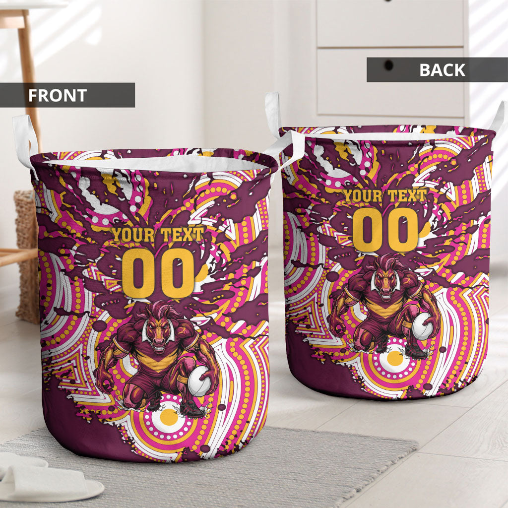 Personalised Brisbane Broncos Rugby Laundry Basket Aboriginal Art Style Pink And Gold Patterned Graphics