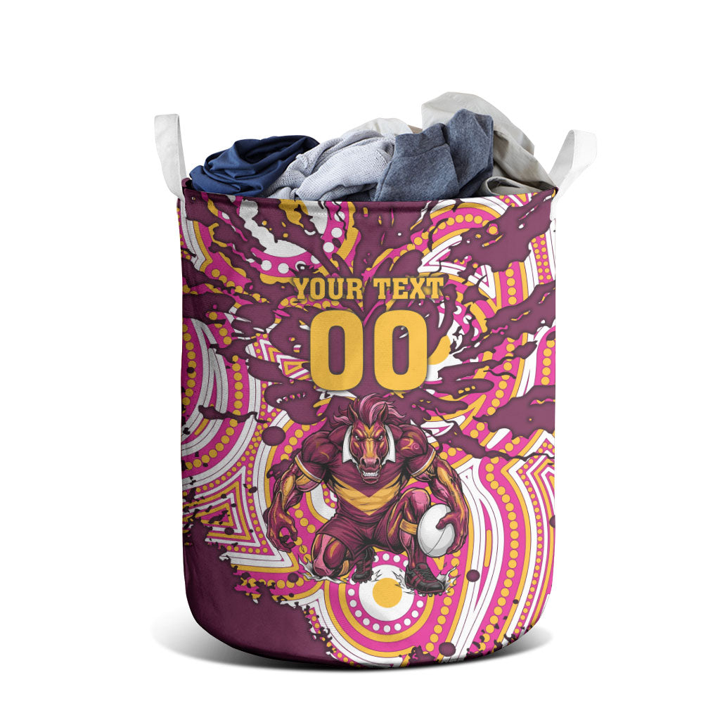 Personalised Brisbane Broncos Rugby Laundry Basket Aboriginal Art Style Pink And Gold Patterned Graphics