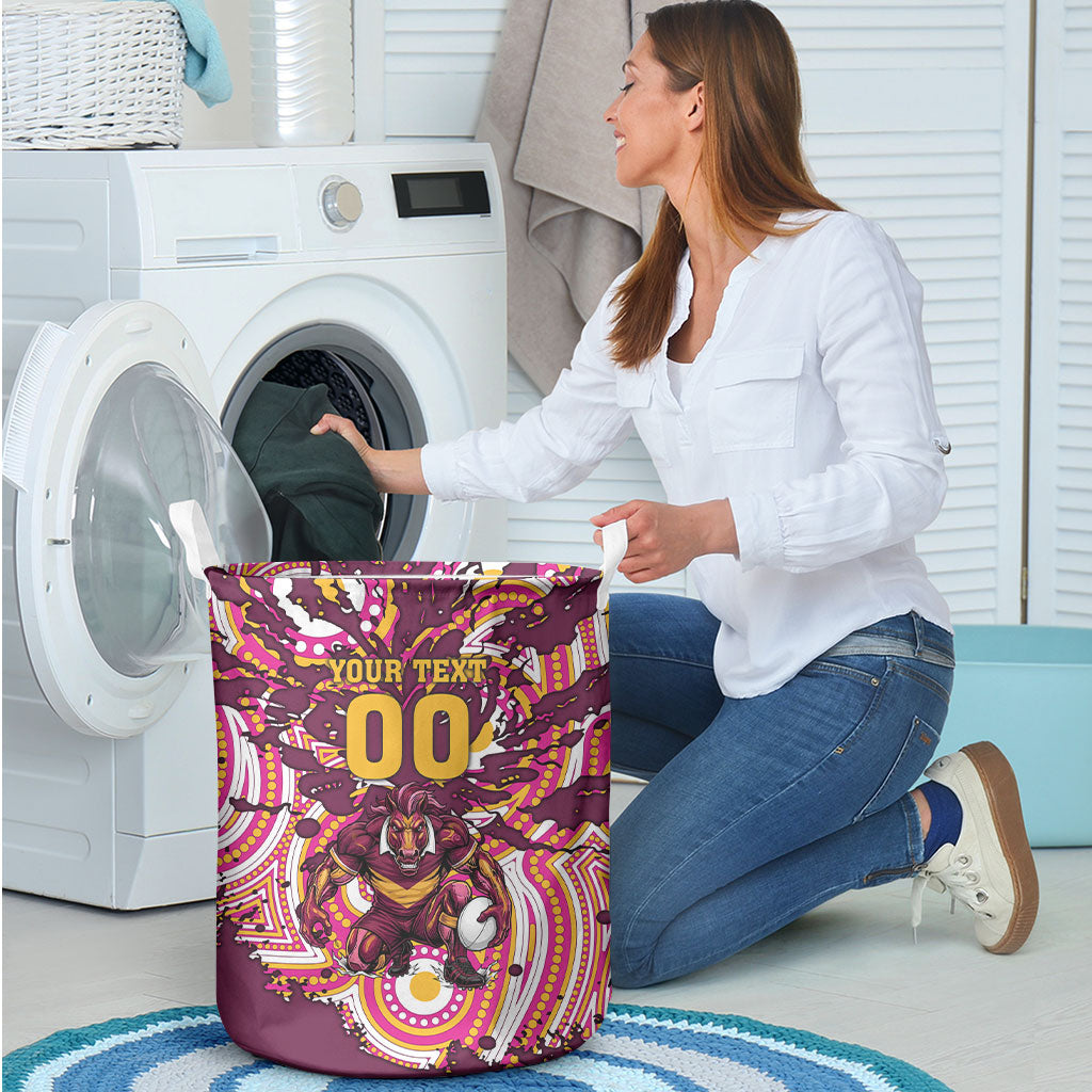 Personalised Brisbane Broncos Rugby Laundry Basket Aboriginal Art Style Pink And Gold Patterned Graphics