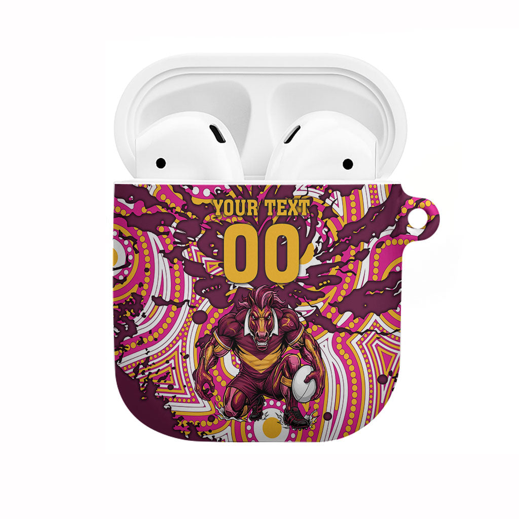 Personalised Brisbane Broncos Rugby AirPods Case Aboriginal Art Style Pink And Gold Patterned Graphics