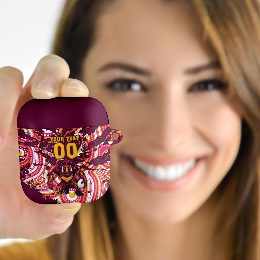 Personalised Brisbane Broncos Rugby AirPods Case Aboriginal Art Style Pink And Gold Patterned Graphics