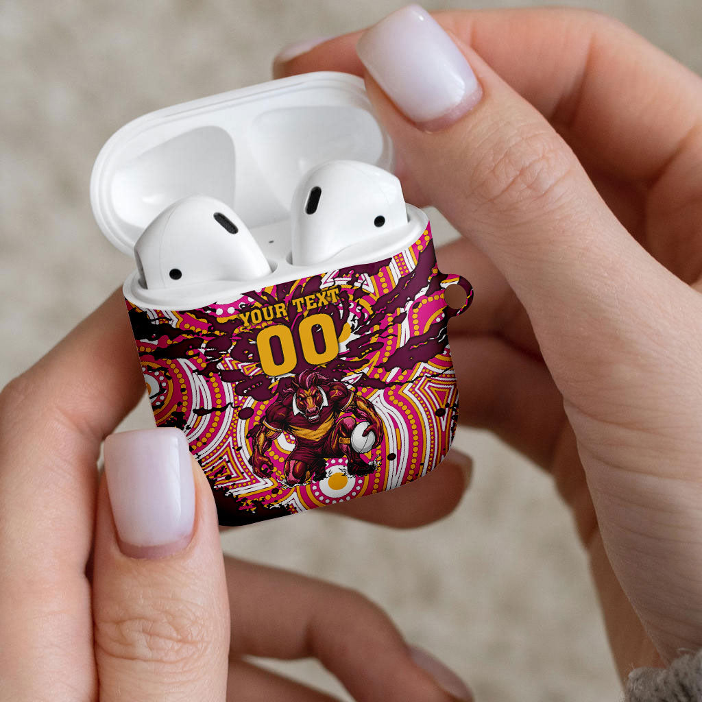 Personalised Brisbane Broncos Rugby AirPods Case Aboriginal Art Style Pink And Gold Patterned Graphics