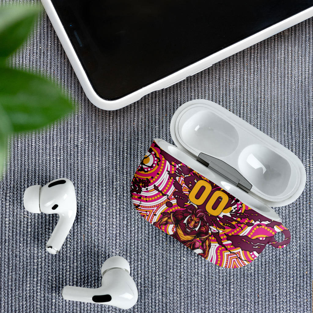 Personalised Brisbane Broncos Rugby AirPods Case Aboriginal Art Style Pink And Gold Patterned Graphics
