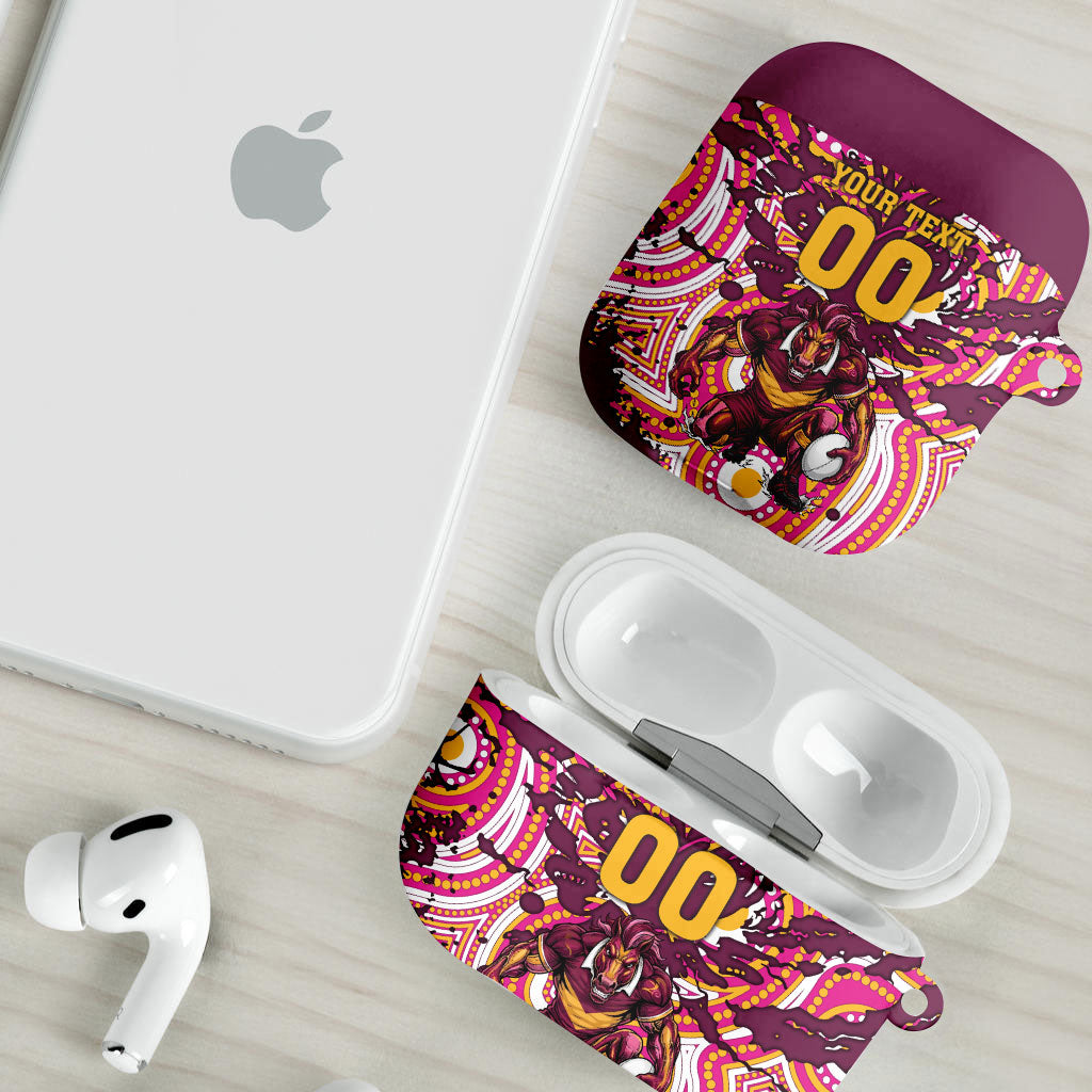 Personalised Brisbane Broncos Rugby AirPods Case Aboriginal Art Style Pink And Gold Patterned Graphics