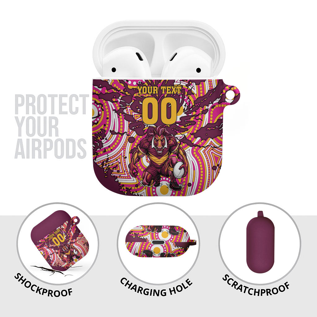 Personalised Brisbane Broncos Rugby AirPods Case Aboriginal Art Style Pink And Gold Patterned Graphics