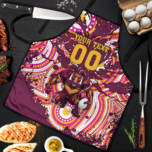Personalised Brisbane Broncos Rugby Apron Aboriginal Art Style Pink And Gold Patterned Graphics