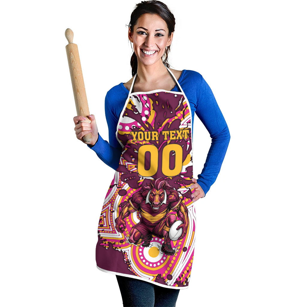 Personalised Brisbane Broncos Rugby Apron Aboriginal Art Style Pink And Gold Patterned Graphics