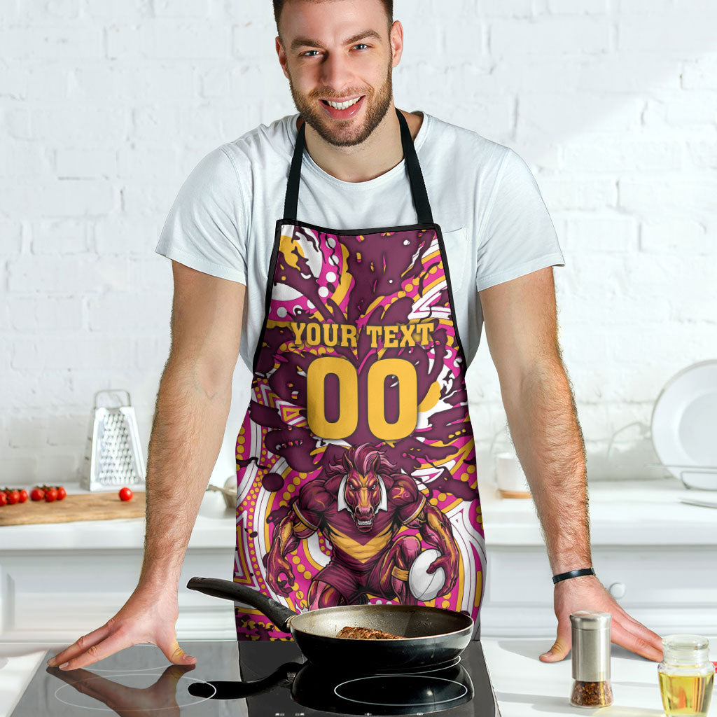 Personalised Brisbane Broncos Rugby Apron Aboriginal Art Style Pink And Gold Patterned Graphics