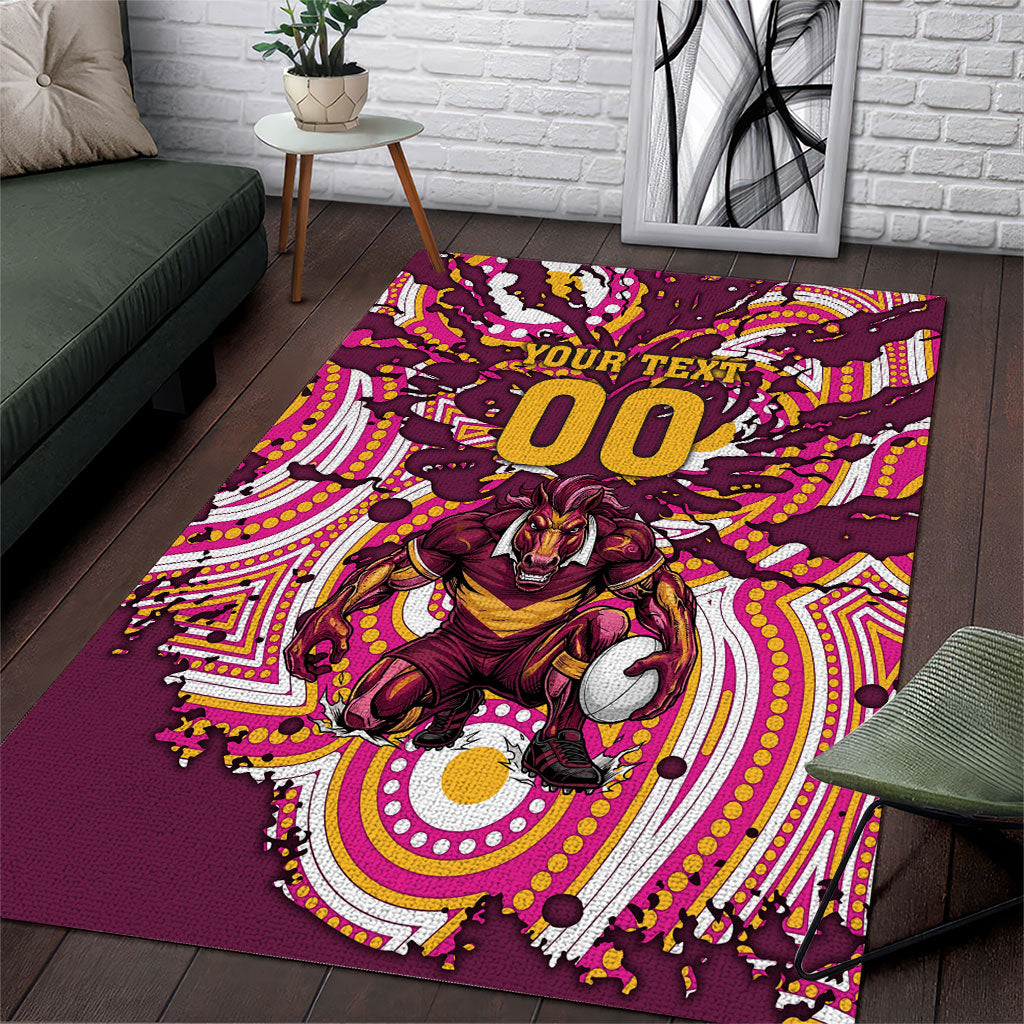 Personalised Brisbane Broncos Rugby Area Rug Aboriginal Art Style Pink And Gold Patterned Graphics