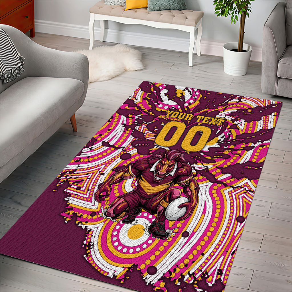 Personalised Brisbane Broncos Rugby Area Rug Aboriginal Art Style Pink And Gold Patterned Graphics
