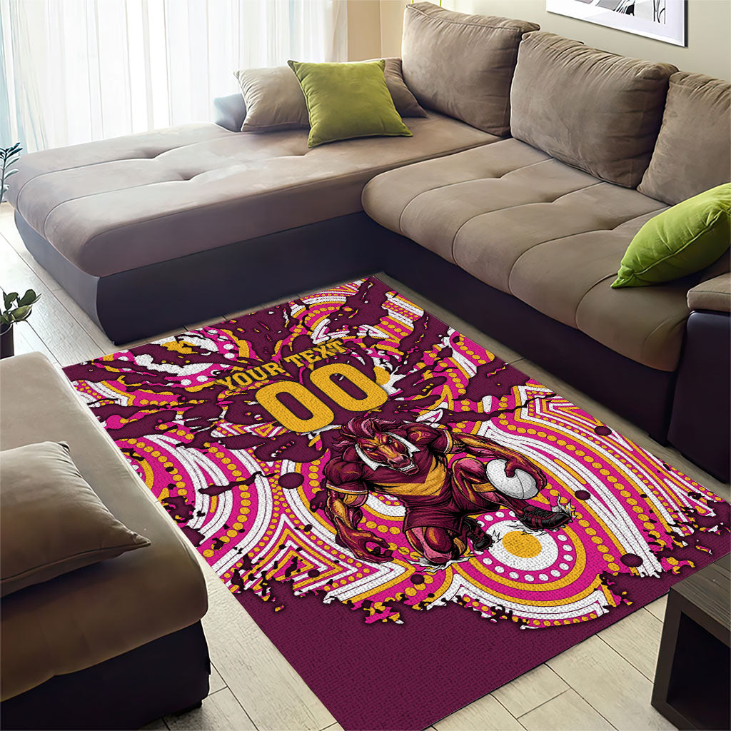 Personalised Brisbane Broncos Rugby Area Rug Aboriginal Art Style Pink And Gold Patterned Graphics