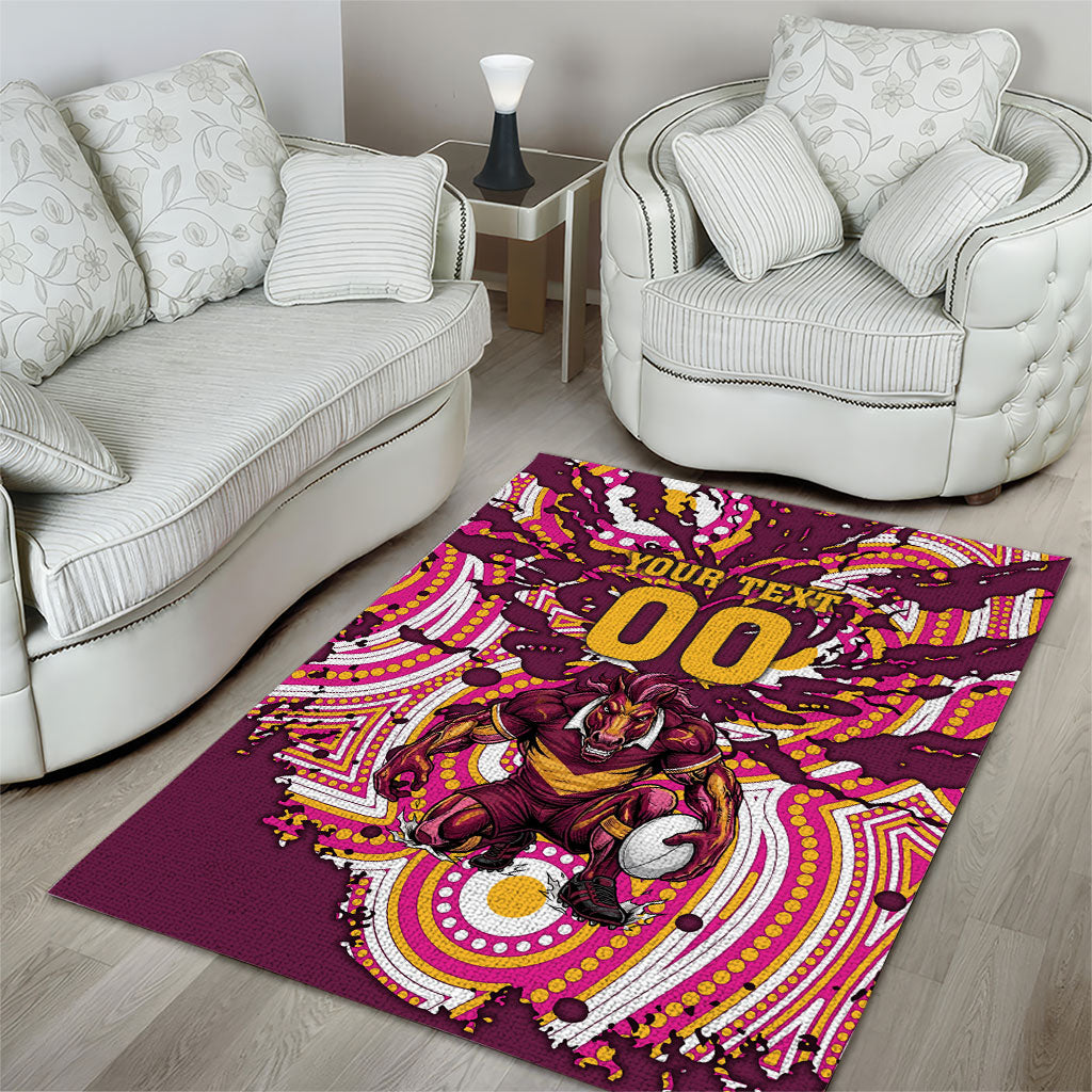 Personalised Brisbane Broncos Rugby Area Rug Aboriginal Art Style Pink And Gold Patterned Graphics