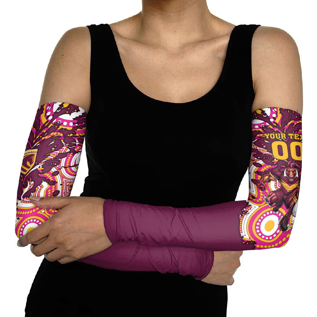 Personalised Brisbane Broncos Rugby Arm Sleeves Aboriginal Art Style Pink And Gold Patterned Graphics