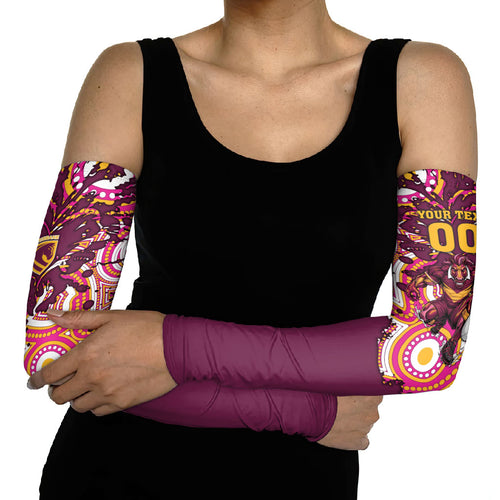 Personalised Brisbane Broncos Rugby Arm Sleeves Aboriginal Art Style Pink And Gold Patterned Graphics