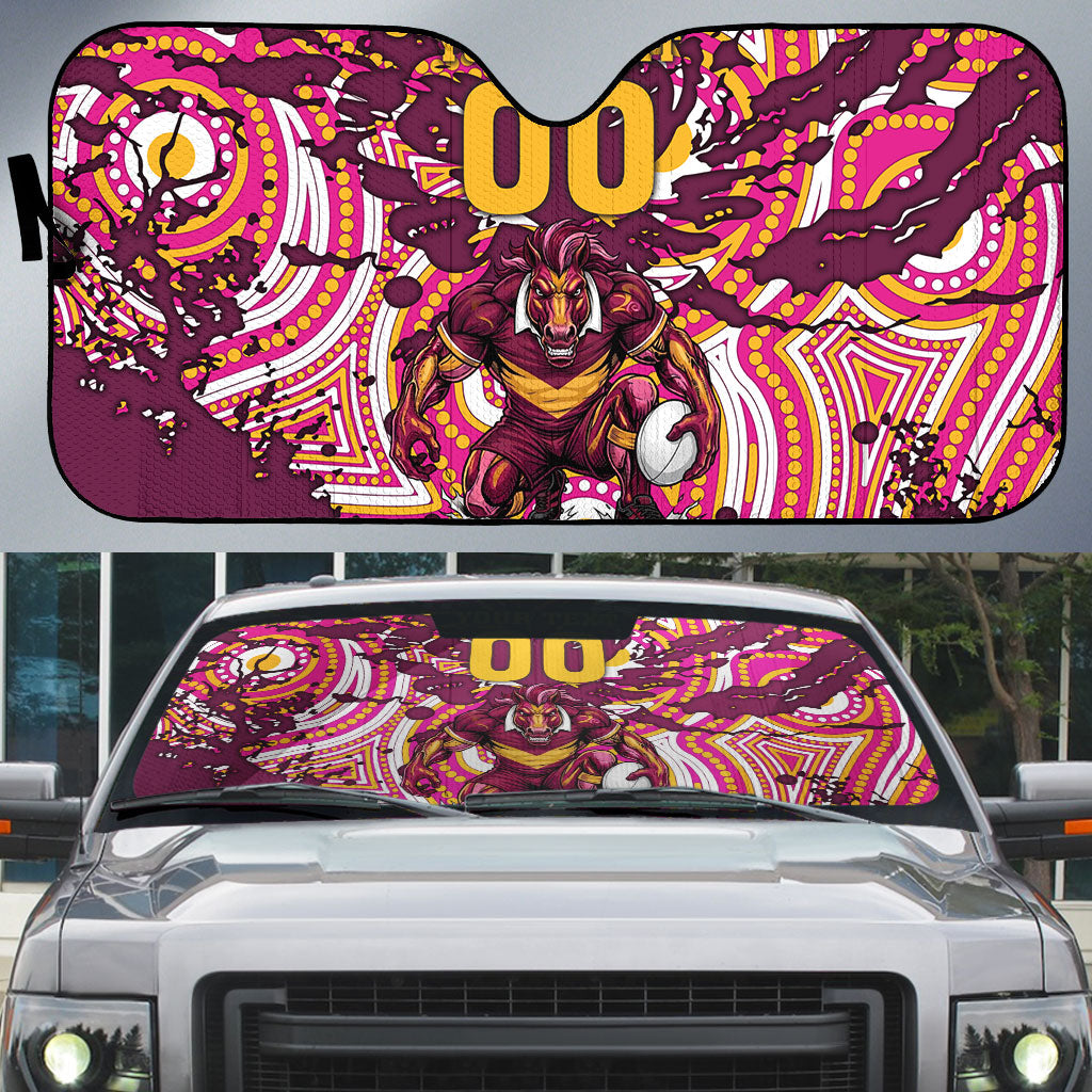 Personalised Brisbane Broncos Rugby Auto Sun Shade Aboriginal Art Style Pink And Gold Patterned Graphics