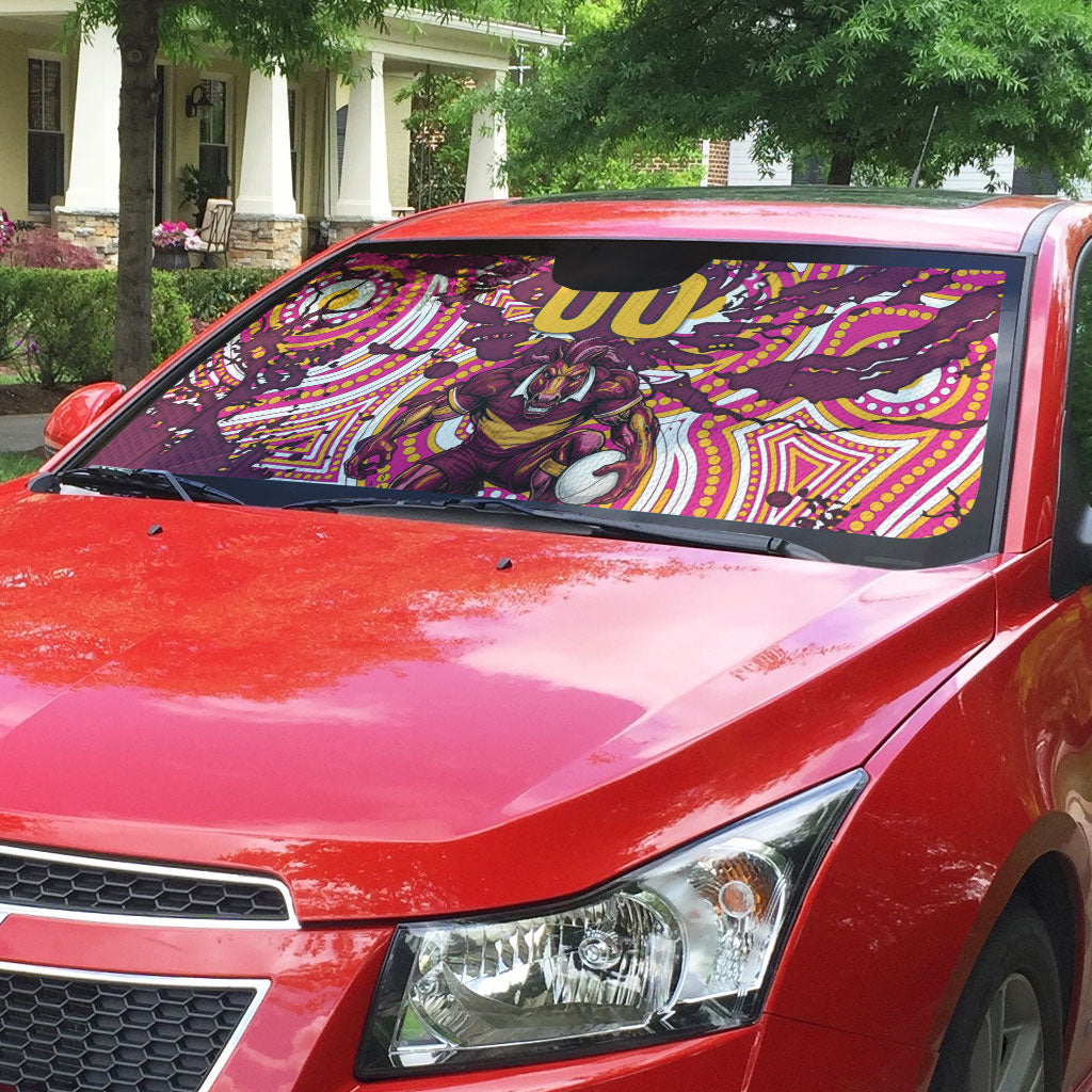 Personalised Brisbane Broncos Rugby Auto Sun Shade Aboriginal Art Style Pink And Gold Patterned Graphics