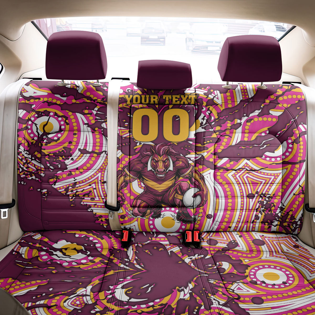Personalised Brisbane Broncos Rugby Back Car Seat Cover Aboriginal Art Style Pink And Gold Patterned Graphics