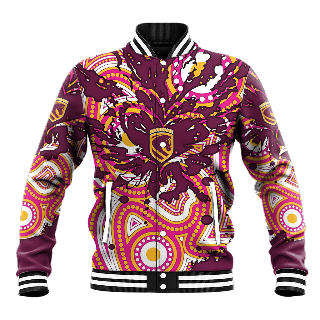 Personalised Brisbane Broncos Rugby Baseball Jacket Aboriginal Art Style Pink And Gold Patterned Graphics