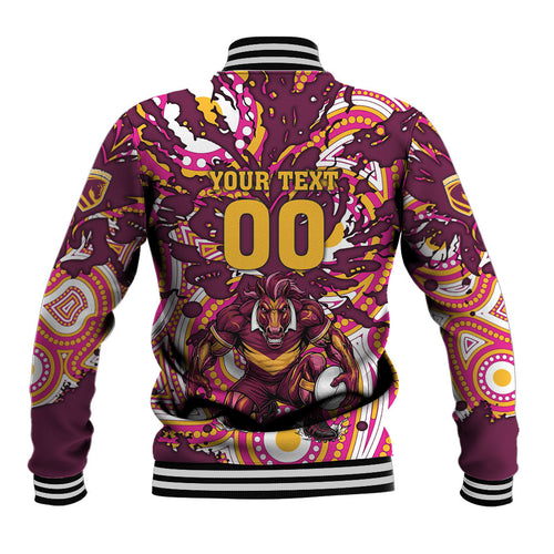 Personalised Brisbane Broncos Rugby Baseball Jacket Aboriginal Art Style Pink And Gold Patterned Graphics