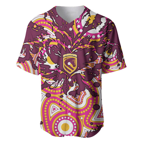 Personalised Brisbane Broncos Rugby Baseball Jersey Aboriginal Art Style Pink And Gold Patterned Graphics
