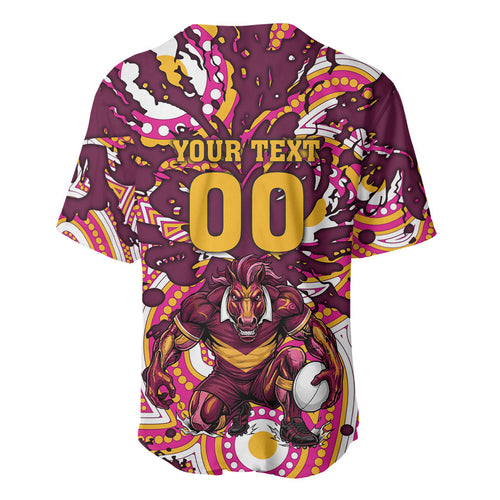 Personalised Brisbane Broncos Rugby Baseball Jersey Aboriginal Art Style Pink And Gold Patterned Graphics