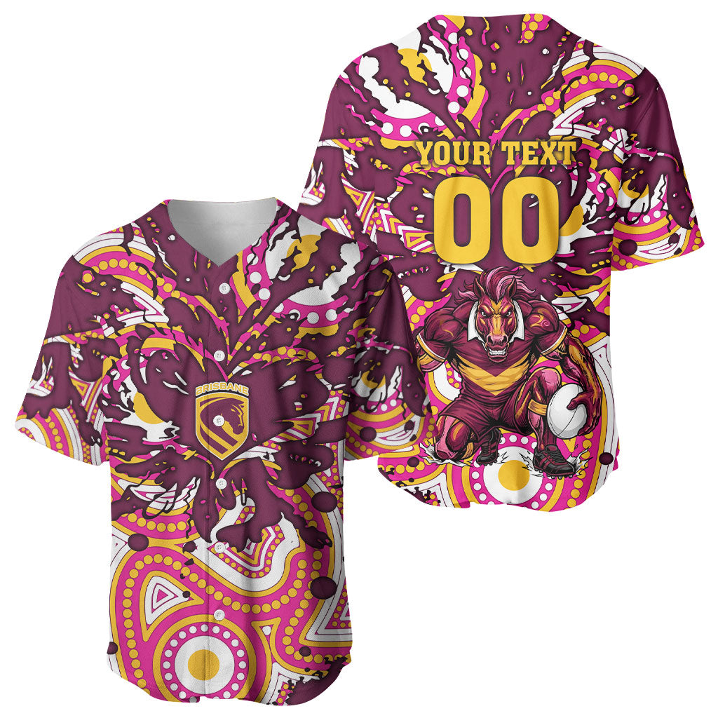 Personalised Brisbane Broncos Rugby Baseball Jersey Aboriginal Art Style Pink And Gold Patterned Graphics