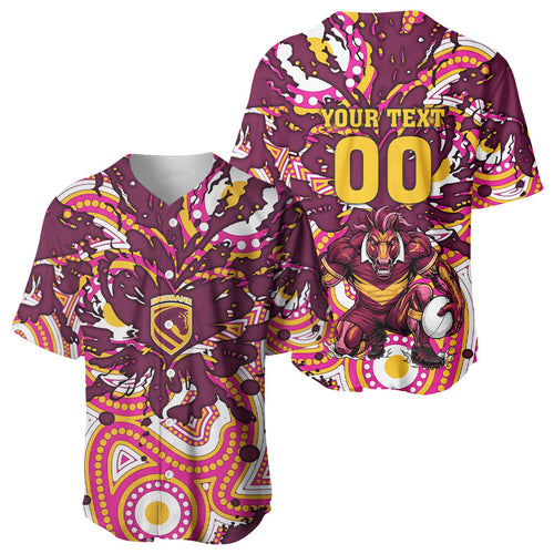 Personalised Brisbane Broncos Rugby Baseball Jersey Aboriginal Art Style Pink And Gold Patterned Graphics