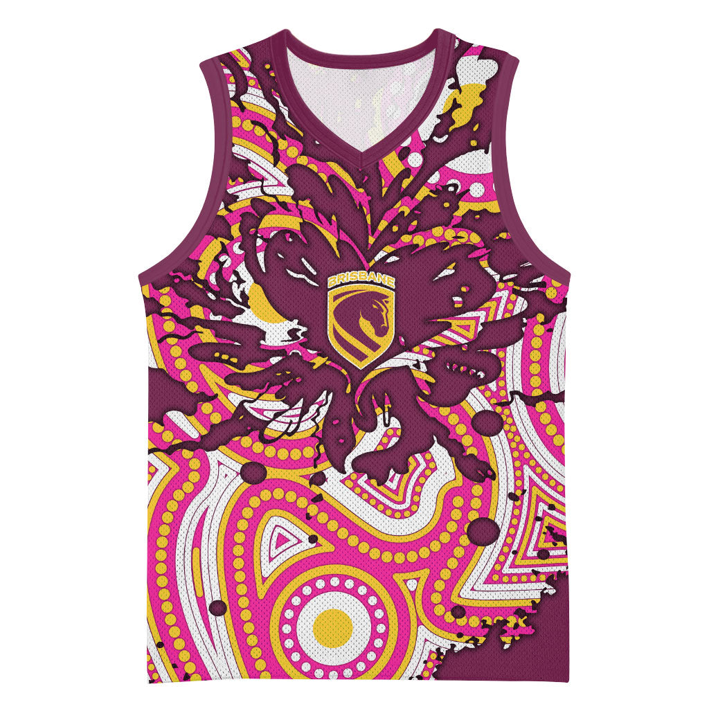 Personalised Brisbane Broncos Rugby Basketball Jersey Aboriginal Art Style Pink And Gold Patterned Graphics
