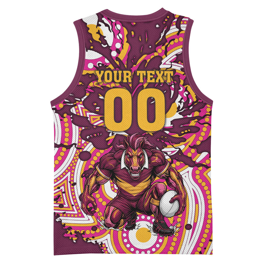 Personalised Brisbane Broncos Rugby Basketball Jersey Aboriginal Art Style Pink And Gold Patterned Graphics