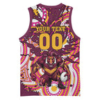 Personalised Brisbane Broncos Rugby Basketball Jersey Aboriginal Art Style Pink And Gold Patterned Graphics